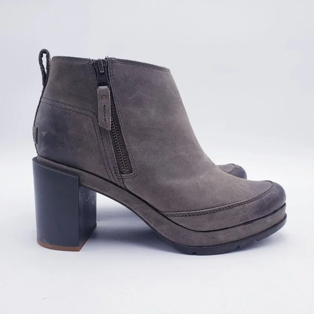 Sorel Blake Ankle Bootie‎ Platform Chunky Block Heel Side Zip Quarry Size 9.5